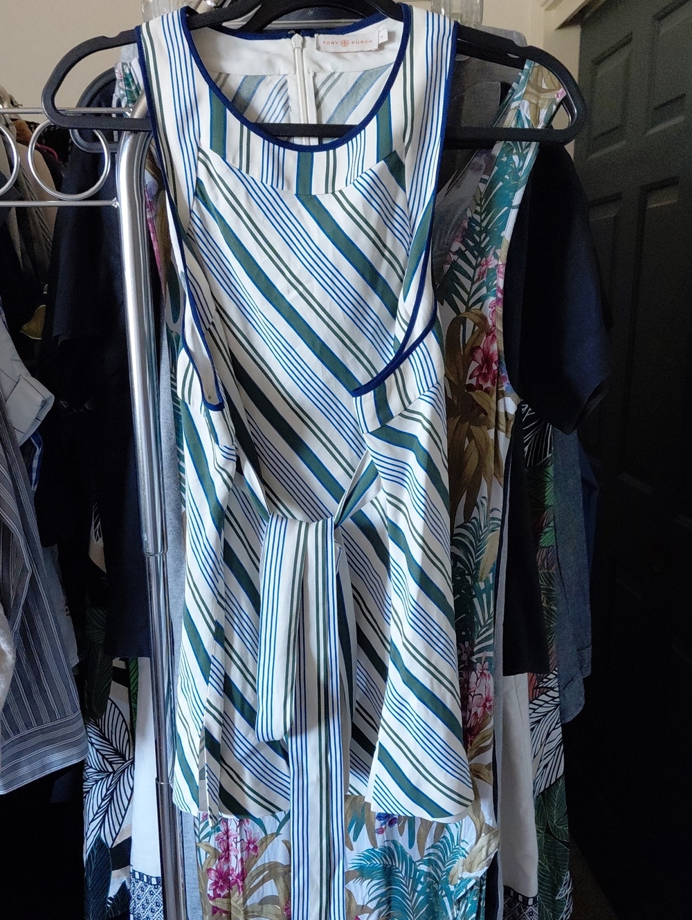 Tory Burch Striped Sleeveless Tie-Waist Top in White, Blue & Green